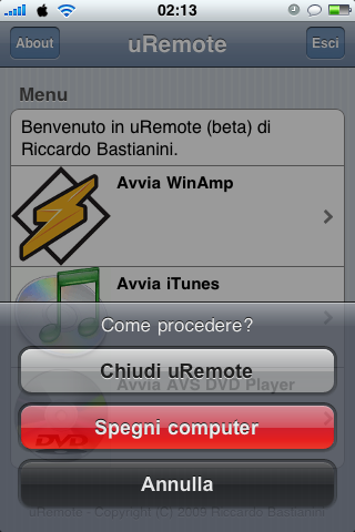 Screenshot finestra di spegnimento uRemote